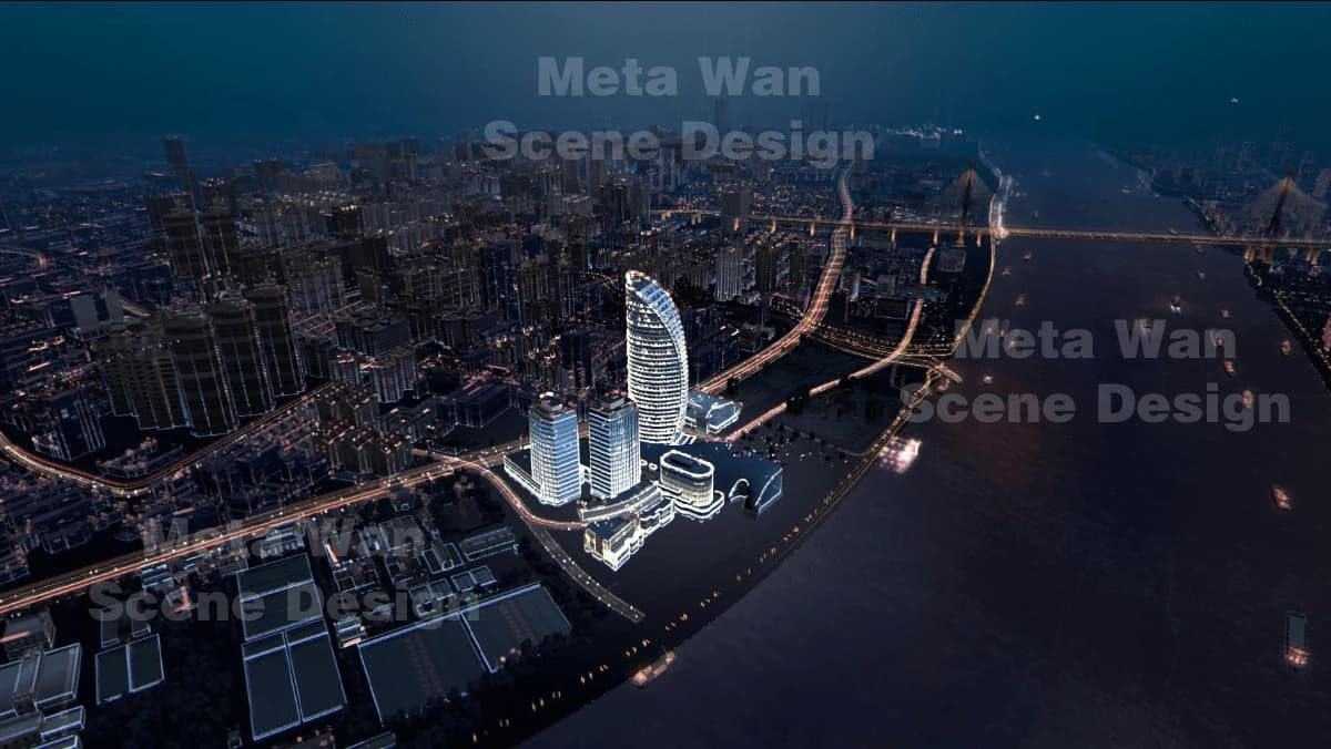 滨江城市夜景与核心建筑群三维可视化