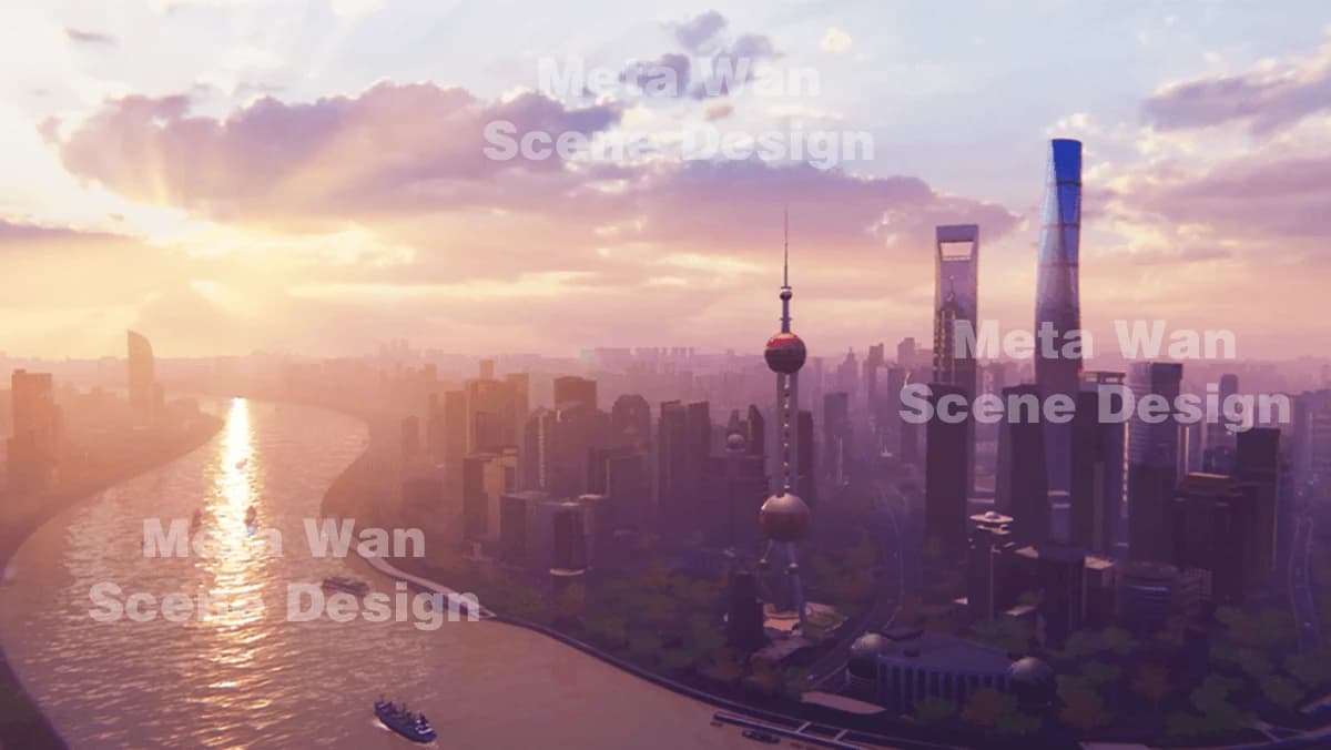 上海城市天际线与黄浦江日落场景