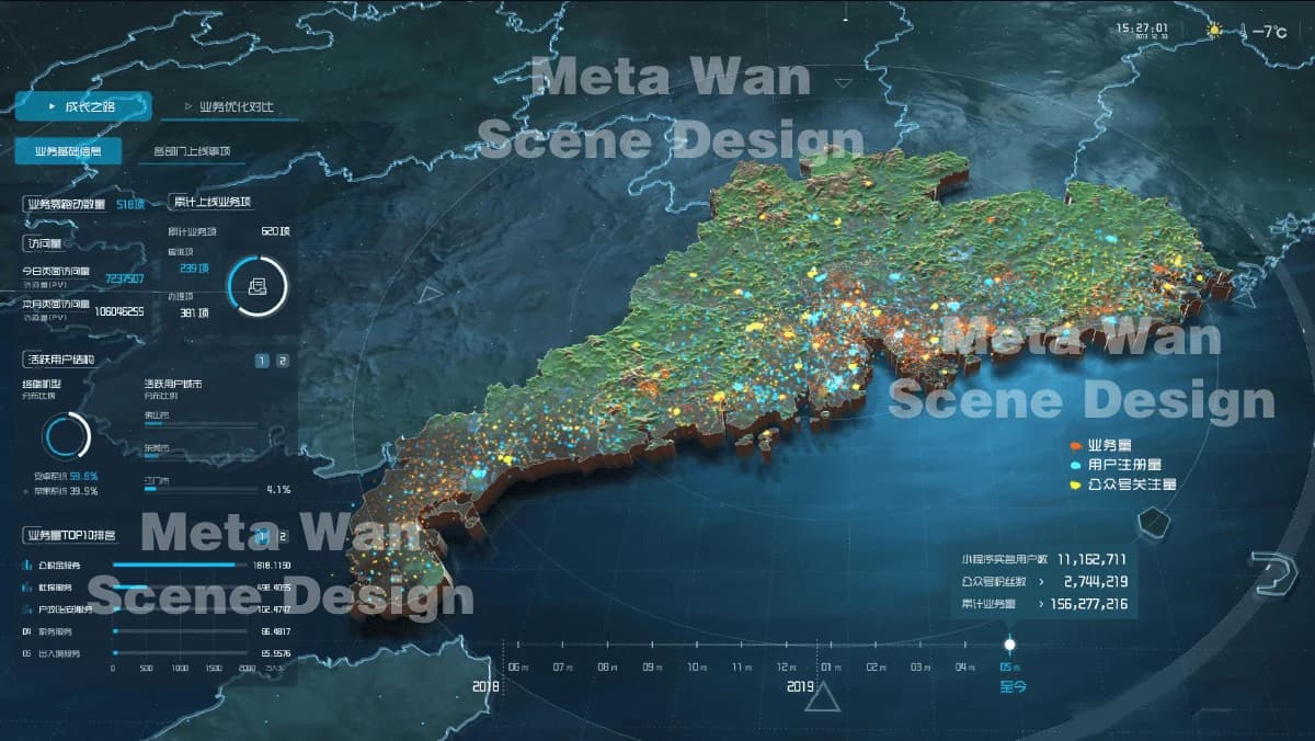 区域三维地形与业务用户分布数据可视化